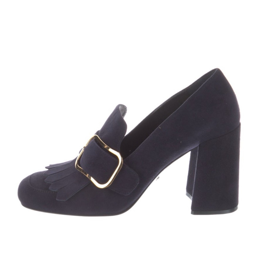 Prada Dark Blue Suede Block Heel Loafers